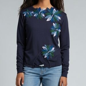 Moffi Steel Grey V-Neck Sweater with Green and White Floral Accents 6448